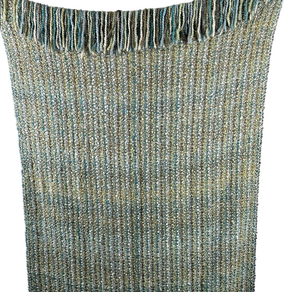 Kennebunk Home Woven Throw Blanket Green Blue Striped Fringe Made in USA - Picture 4 of 4